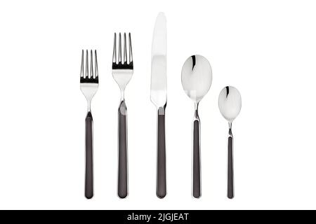 Set of fork, knife and spoon isolated on white background. Cutlery is on the table. Stock Photo