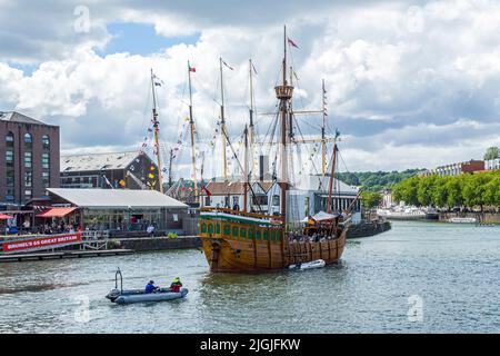The Matthew, a wooden Sailing vessel, heading down the Bristol Floating Harbour in June 2022 Stock Photo