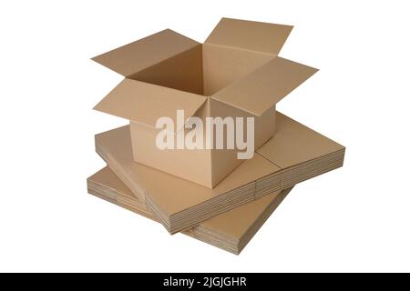 Lots of brown cardboard boxes. Cardboard mailbox isolated on a white background. Open rectangular small brown box for transporting goods isolated on a Stock Photo