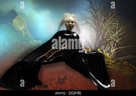 Halloween background with witch. 3D render illustration. Stock Photo