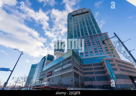 Niagara Falls, Ontario, Canada - December 19 2021 : Embassy Suites by Hilton Niagara Falls Fallsview. Stock Photo