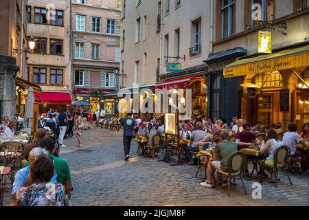 Street Restaurants at Old City Center Vieux Lyon, UNESCO World Heritage Lyon, Rhone Alps, France Stock Photo
