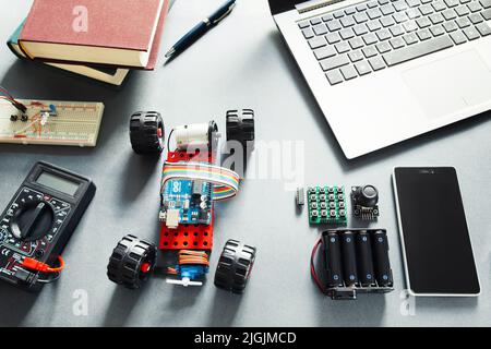 Arduino UNO elements. Programmers DIY platform Stock Photo