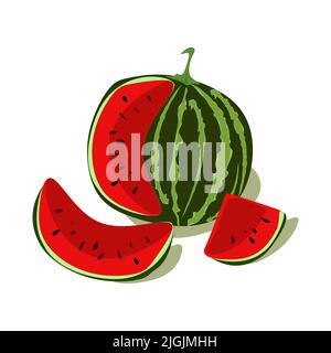 Watermelon and juicy watermelon slice vector clipart isolated on white background. Stock Vector