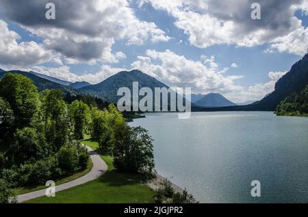Located in Upper Bavaria Sylvenstein Lake (or Sylvenstein Dam) is one of the most exciting sites in the Isar Valley. Stock Photo