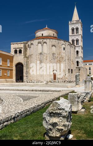 Roman Forum, Church of St Donatus and Bell Tower of Cathedral of St Anastasia, Zadar, Croatia Stock Photo