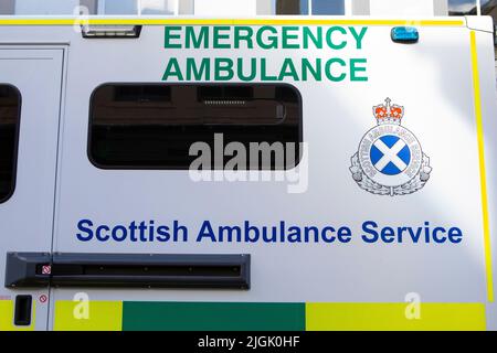 Scotland, UK - October 5th 2021: Close-up detail of an Emergency Ambulance in Scotland, UK. Stock Photo