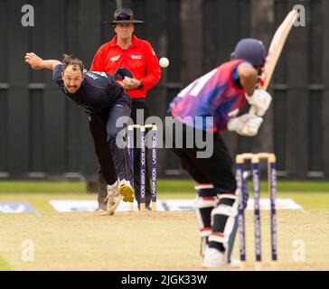 ICC Men's Cricket World Cup League 2 - Nepal v, Namibia. 10th July, 2022. Nepal take on Namibia in the ICC Men's Cricket World Cup League 2 at Cambusdoon, Ayr. Pic shows: Namibia's Jan Frylinck bowls. Credit: Ian Jacobs/Alamy Live News Stock Photo