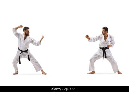 Profile shot of two men training karate combat isolated on white background Stock Photo