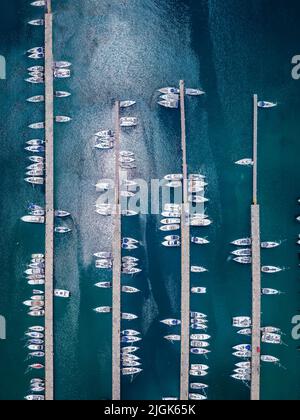 Aerial view of a boat moored at a dock Stock Photo - Alamy