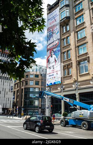 Illustration picture shows  a giant banner announcing the Memorial Van Damme Diamond League meeting athletics event, at the 'Doubletree by Hilton' hotel in the city center of Brussels, Monday 11 July 2022. The Diamond League meeting takes place on 02 September. BELGA PHOTO JONAS ROOSENS Stock Photo