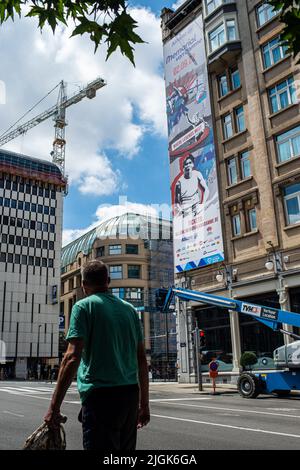 Illustration picture shows  a giant banner announcing the Memorial Van Damme Diamond League meeting athletics event, at the 'Doubletree by Hilton' hotel in the city center of Brussels, Monday 11 July 2022. The Diamond League meeting takes place on 02 September. BELGA PHOTO JONAS ROOSENS Stock Photo