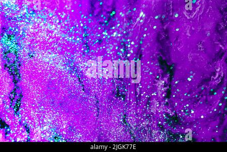 Colored canvas with marble texture, golden smudges, sparkles purple background. Abstract background Stock Photo