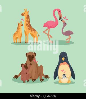 four animals mothers and babies Stock Vector