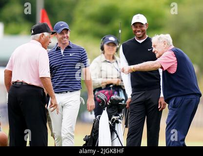 Rory McIlroy, Tiger Woods, Lee Trevino and Jack Nicklaus during the R&A Celebration of Champions event at the Old Course, St Andrews. Picture date: Monday July 11, 2022. Stock Photo