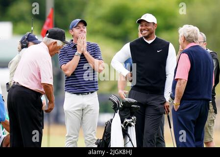 Rory McIlroy, Tiger Woods, Lee Trevino and Jack Nicklaus during the R&A Celebration of Champions event at the Old Course, St Andrews. Picture date: Monday July 11, 2022. Stock Photo