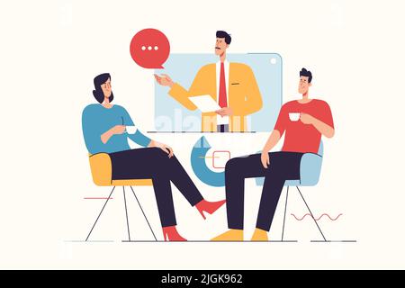 Vector illustration depicting a group of people having an ounline business meeting and drink coffee Stock Vector