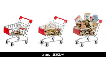 Three supermarket carts with increasing amounts of euro cash (coins and banknotes) on a white background. Concept of inflation in Europe Stock Photo