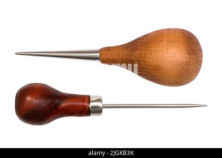Awl isolated on white background. Tools for manufacturing. Two wooden retro old styled awls Stock Photo