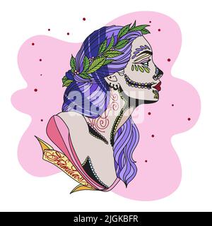 Cute girl in Chicano style, with tattoos and inscriptions, with berries and leaves in her hair, jewelry on her face, piercing, light background Stock Vector