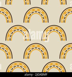 Orange rainbow groovy 1970 good vibes seamless vector pattern background. Warm retro abstract wallpaper, fun 70s texture Stock Vector