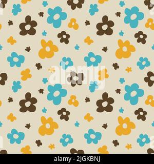 Daisy flower groovy 1970 good vibes seamless vector pattern background. Warm retro abstract wallpaper, trendy 70s decor Stock Vector