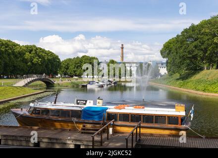 Estonia tourism; Tourist boat moored in Parnu, Estonia, Europe Baltic States in summer. Stock Photo
