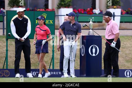 St Andrews, Fife, Scotland, UK. St Andrews, Fife, Scotland, UK. 11th July 2022, Old Course at St Andrews, St Andrews, Fife, Scotland; The Open Golf Championship pre-tournament activities; Lee Trevino shares a joke with Tiger Woods and Rory McIlroy on the first tee during the Celebration of Champions event Credit: Action Plus Sports Images/Alamy Live News Credit: Action Plus Sports Images/Alamy Live News Stock Photo