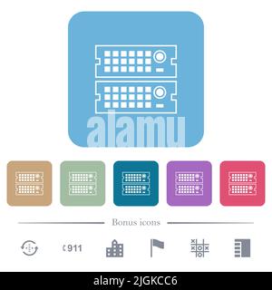 Rack servers outline white flat icons on color rounded square backgrounds. 6 bonus icons included Stock Vector