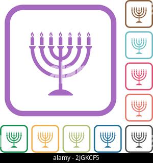 Menorah with burning candles solid simple icons in color rounded square frames on white background Stock Vector