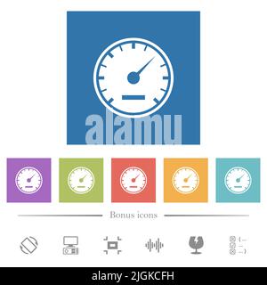 Speedometer solid flat white icons in square backgrounds. 6 bonus icons included. Stock Vector