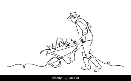 Farmer man with wheelbarrow. Vector background, banner, poster. One continuous line art drawing illustration of farmer with wheelbarrow Stock Vector
