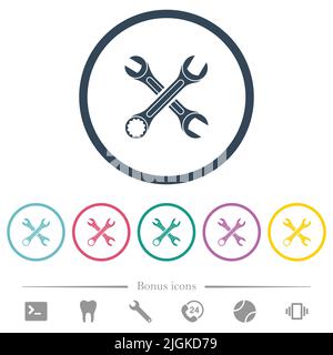Two wrenches flat color icons in round outlines. 6 bonus icons included. Stock Vector