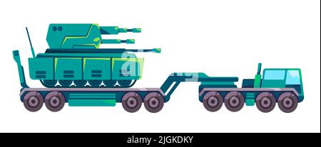 Truck transporting armoured heavy tank illustration war logistics Stock Vector