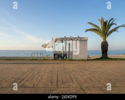 kiosk selling water on the seashore. Small shop under palm trees. Rest zone Stock Photo