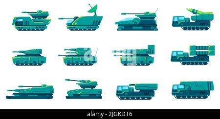 Military armored vehicle tank heavy army transportation set collection green color Stock Vector