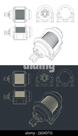Stylized vector illustrations of blueprints of large hydraulic winch Stock Vector