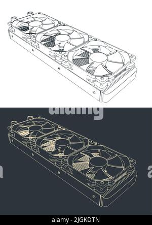 Stylized vector illustrations of three-section computer liquid cooling system Stock Vector