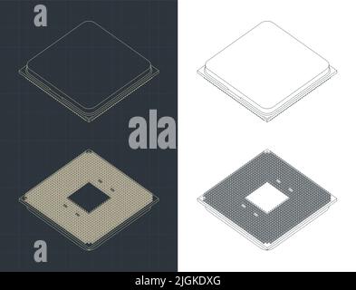 Stylized vector isometric illustrations of blueprints of CPU Stock Vector