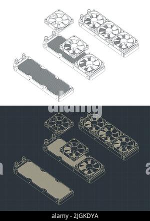 Stylized vector illustrations of isometric blueprints of three-section computer liquid cooling system Stock Vector