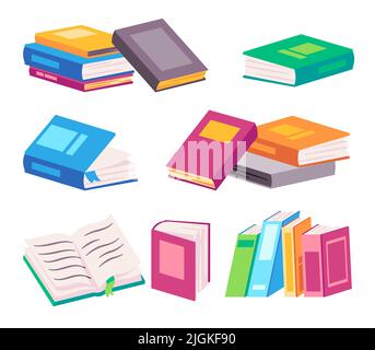 Stack of books contains textbook dictionary in colorfull style some opened mod cartoon flat color illustration Stock Vector