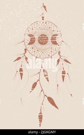 Ancient Dreamcatcher mandala ornament Moon Phases and bird feathers. Mystic symbol, Ethnic art with native American Indian boho design, vector isolate Stock Vector