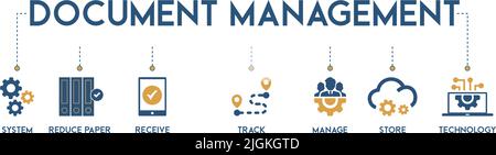 Banner document management vector illustration concept with the icon of system, reduce paper, receive, track, manage, store and technology. Stock Vector