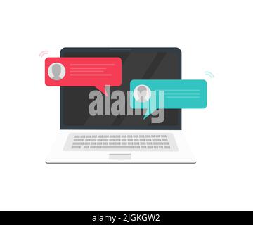 Chat messages on computer online logo design. Workspace or working, chatting bubble notifications, concept of people messaging on internet vector. Stock Vector