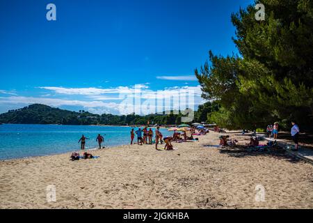 Summer scenery view from Koukounaries beach in Skiathos island, Sporades, Greece Stock Photo