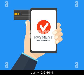 Using smartphone for NFC payment at cafe restaurant, cashless, contactless technology and money transfer concept logo design. Successful pay. Stock Vector