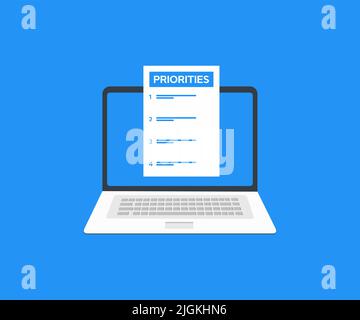 Laptop computer Priorities priority list business concept logo design. Organizing priorities, corporate business team collaboration concept. Stock Vector