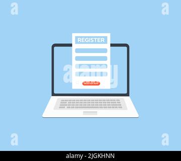 Online Registration Form on laptop screen, Register Button. Registration or sign up user interface. Users use secure login and password. Stock Vector