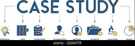 Case study banner web icon vector illustration concept with icon and symbol of research, data, conditions, examination, method, in-depth, analyzing Stock Vector