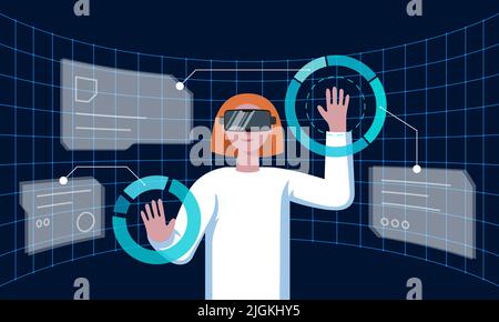 Woman with VR helmet connecting to futuristic technology metaverse virtual reality and surrounded with future interface 3d hologram big data. Science female working with meta cyber space headset. Eps Stock Vector